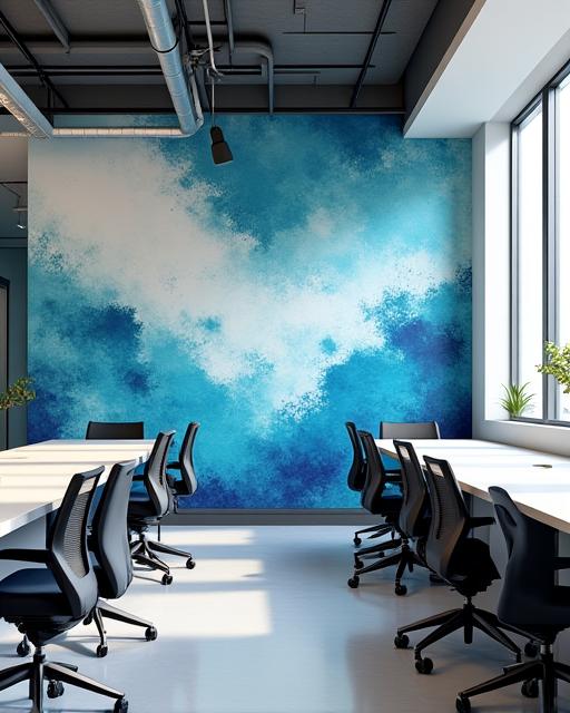 Ufficio moderno con parete decorata con un motivo astratto nautico, stimolante per la creatività