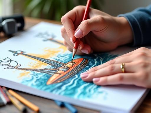 Artista che disegna un vivido motivo nautico con matite colorate